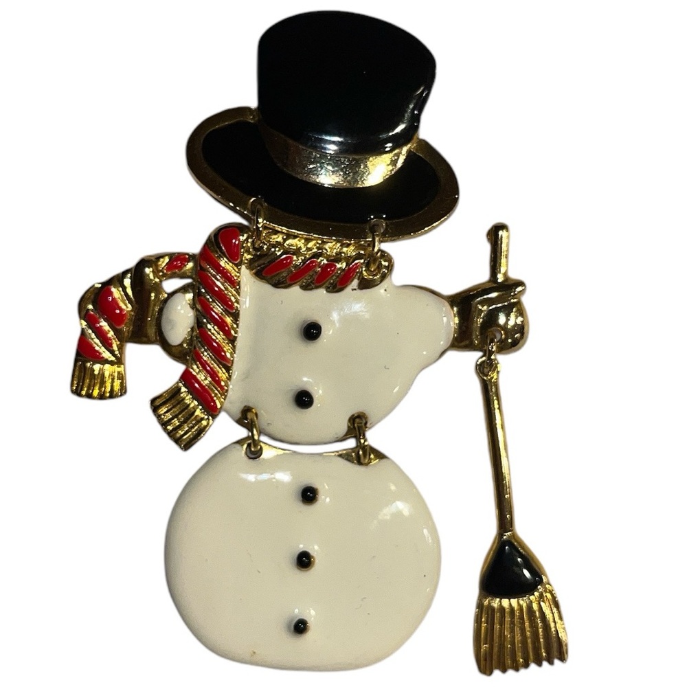 Don Lin - Vtg snowman brooch. Enameled, motion.